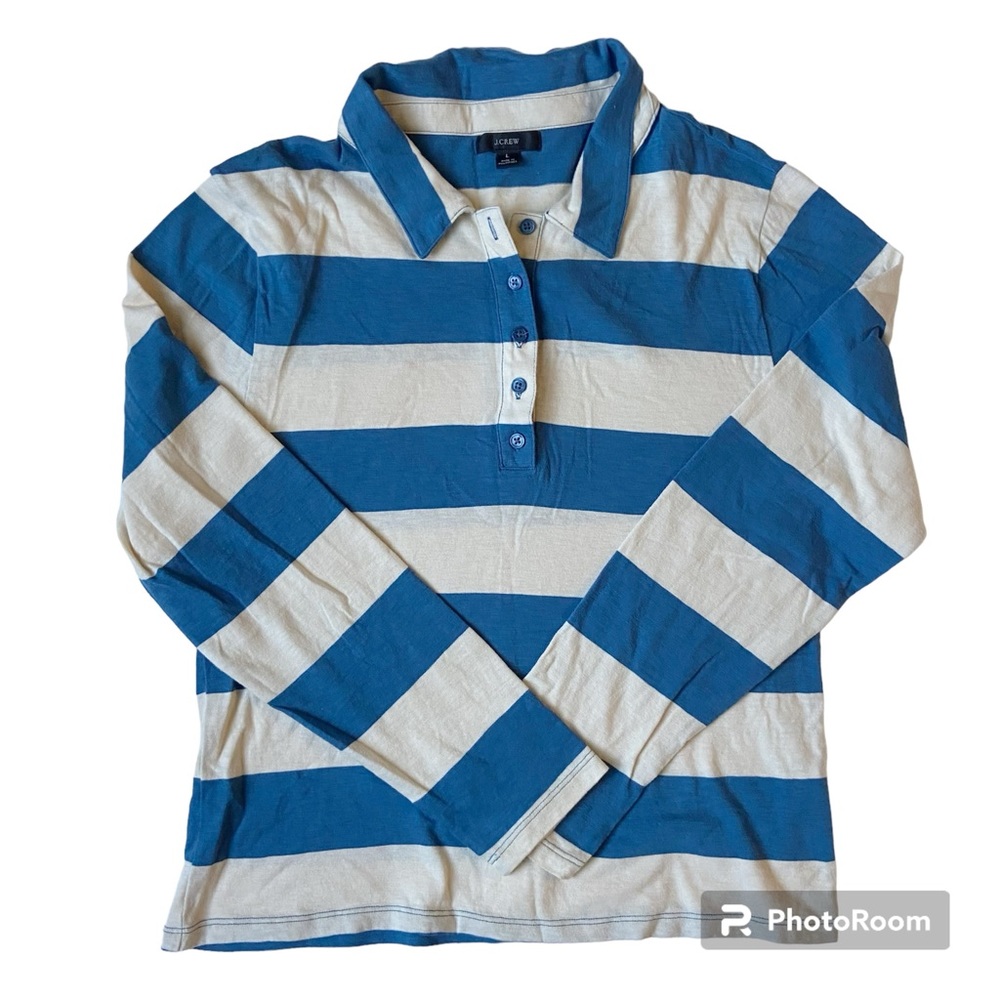 J Crew Rugby striped pullover, women’s size large, blue and cream, 100% cotton
